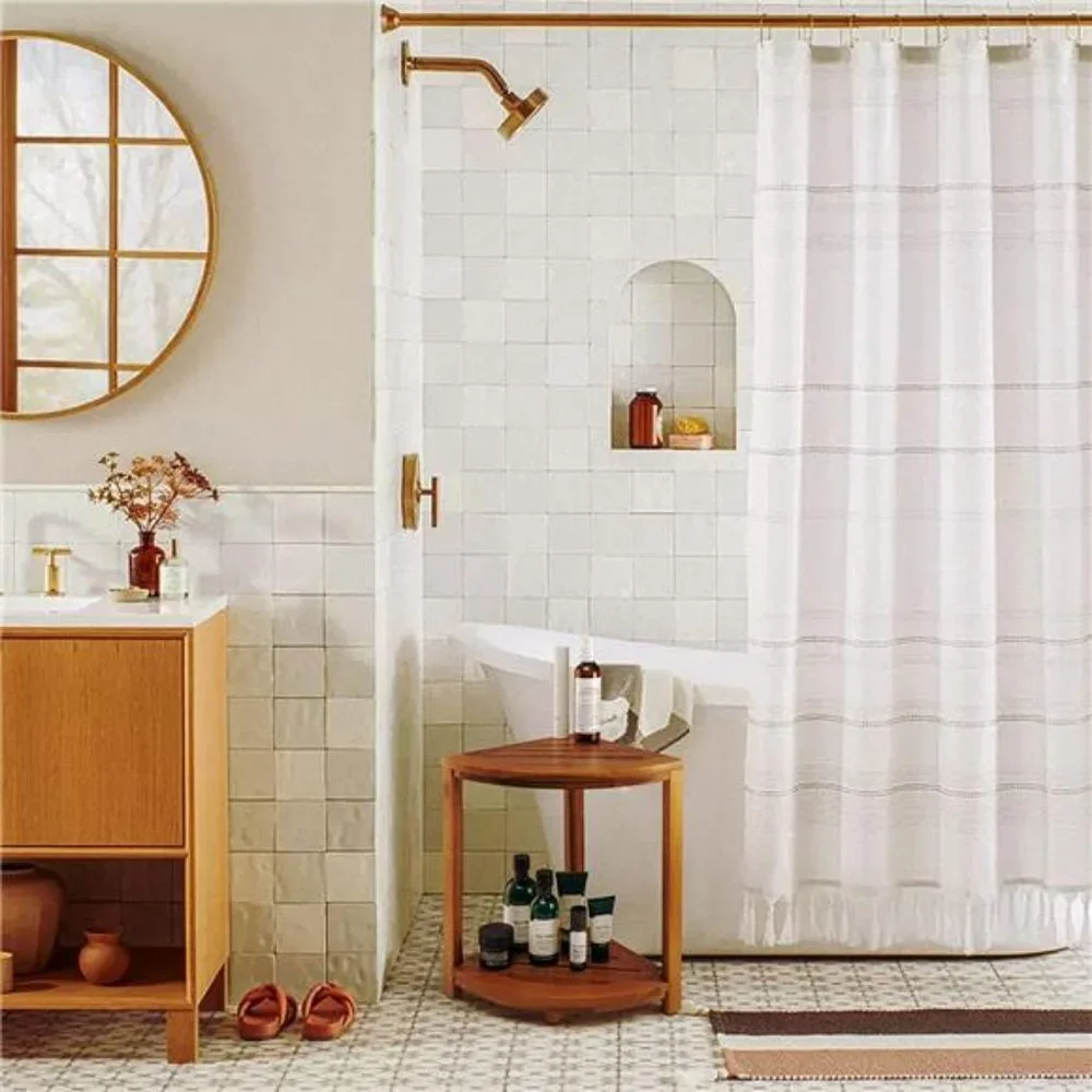 Wood Corner Shower Bench & Corner Shower Stool with Storage Shelf (Acacia)